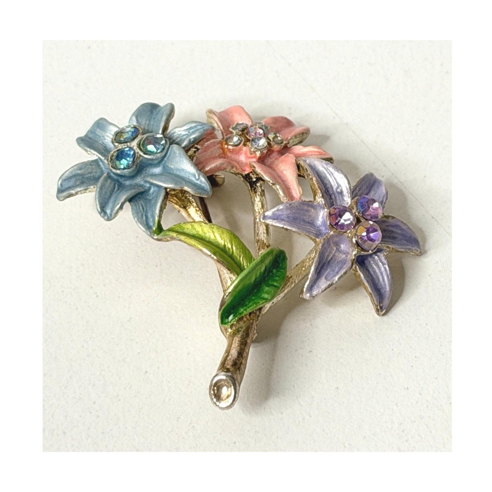 Vintage‎ Style Pastel Enamel Flower Bouquet Brooch Rhinestone Lily Pin Gold Tone
